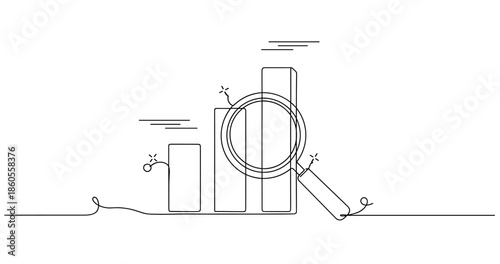 Minimalistic line art of magnifying glass and bar chart exploration, no editable stroke