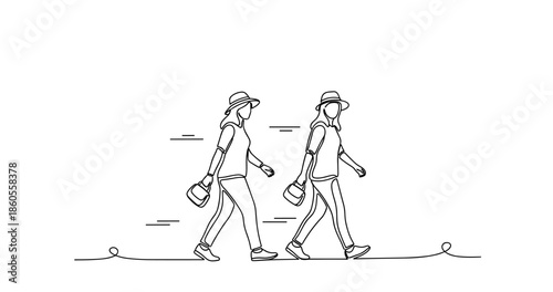 Line art of two females walking side by side with hats and bags, no editable stroke