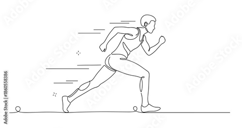 Line art of young caucasian male running in dynamic motion, no editable stroke