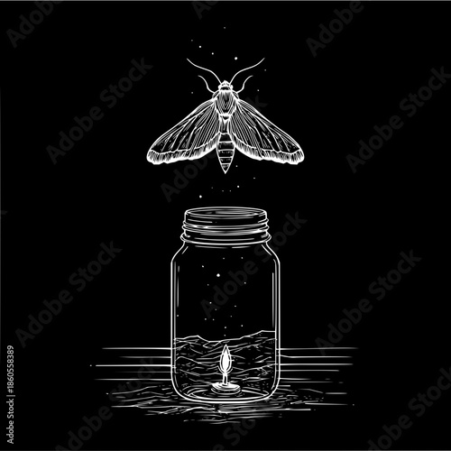 Moth flying above a jar containing a candle on water with stars in a black and white illustration style