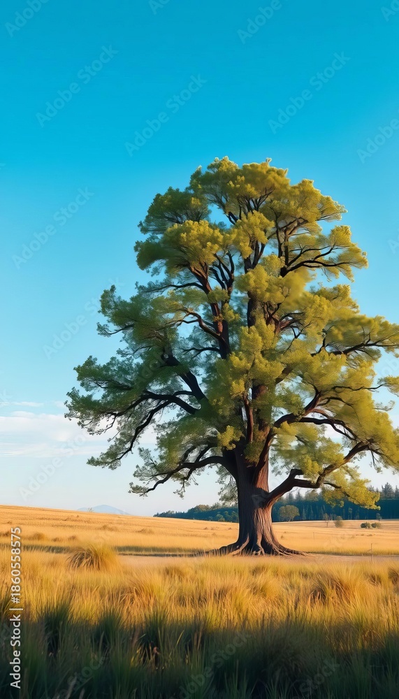 Fototapeta premium A single, ancient tree stands tall in a meadow , enduring, flora