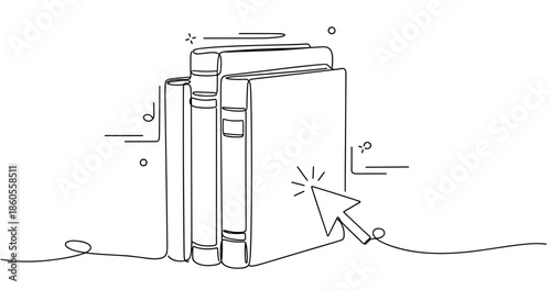 Digital library concept with books and cursor in minimalist line art style, no editable stroke