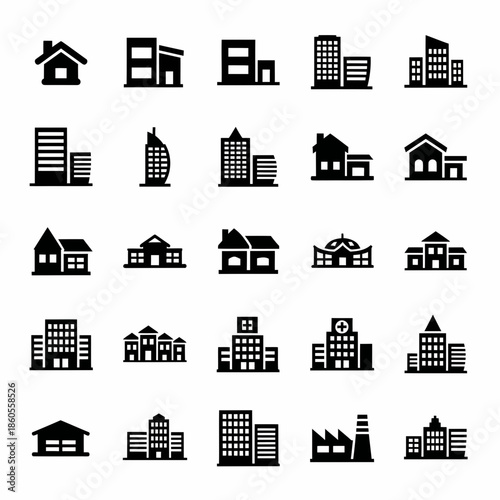 Collection of Simple Black and White Icons Representing Various Types of Buildings and Structures
