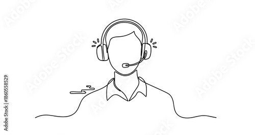 Continuous line drawing of male call center agent with headset, no editable stroke