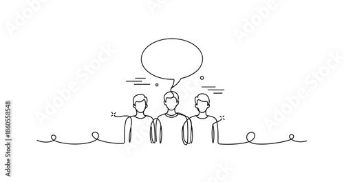 Three young males engaged in creative discussion with speech bubble, no editable stroke