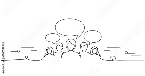Continuous line drawing of diverse group conversations with speech bubbles, no editable stroke