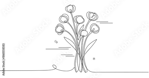 Minimalist line art of a tulip bouquet in bloom, no editable stroke