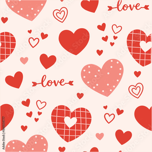 Seamless pattern with varied red and pink hearts, some textured or outlined, and elegant 'love' script. Ideal for Valentine's Day, romantic projects, and expressing affection