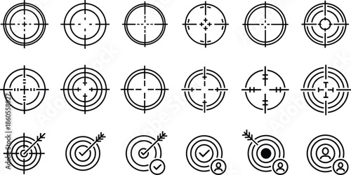 Target crosshair and goal achievement icons vector set with aiming symbols isolated minimal line design for business marketing strategy concepts