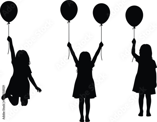 Children holding balloons silhouette vector illustration set isolated joyful kids celebration childhood freedom happiness concept design party play fun innocence