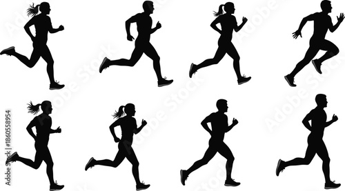 Running men and women silhouette vector set showing jogging sprint poses isolated black human motion fitness icons sport activity design