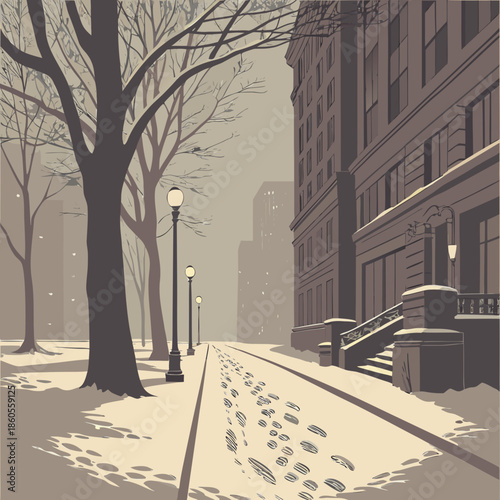 A serene winter street scene depicts snow covered sidewalks and bare trees lining a city avenue in muted tones