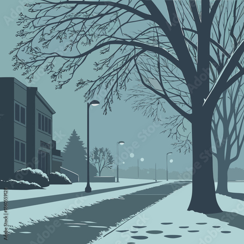 A serene winter scene depicts a quiet neighborhood street lined with bare trees and softly glowing streetlights