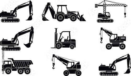 Construction machinery silhouette vector set with excavator crane forklift dump truck loader isolated industrial equipment icons collection for building projects