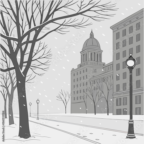 A grayscale illustration depicts a snowy city street with a domed building and bare trees in winter