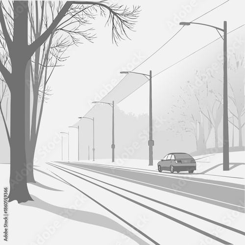 A serene winter street scene depicts a snow covered road with bare trees and distant streetlights in grayscale