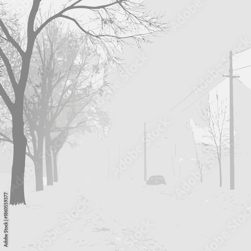 A stark monochrome street scene unfolds amidst heavy fog with bare trees and power lines fading into the mist