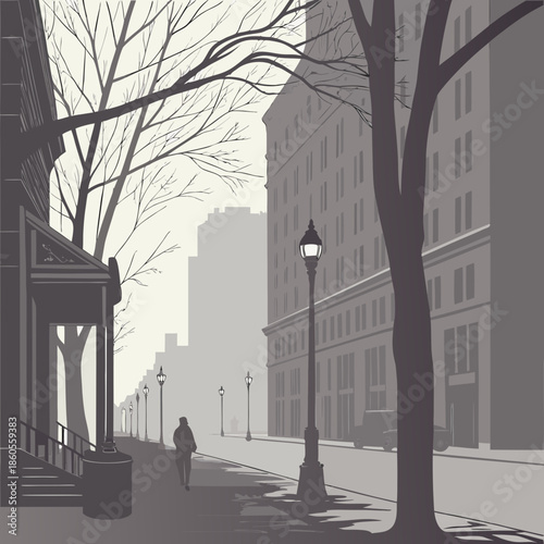 a grayscale illustration depicts a quiet city street with bare trees buildings a lone pedestrian and vintage street lamps