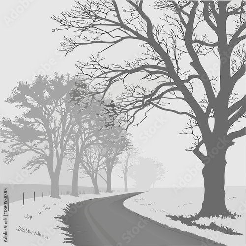 A grayscale landscape depicts a winding road flanked by bare trees in a wintery scene with soft fog