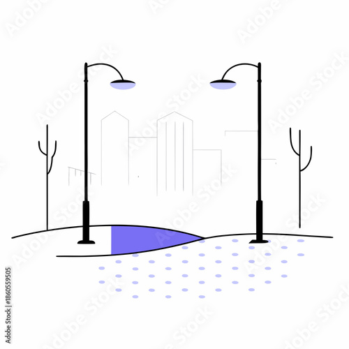 A minimalist illustration depicts street lamps illuminating a blue lit patch of land with a cityscape backdrop