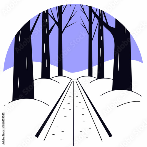 A minimalist illustration depicts a snowy forest scene with a winding path leading through the trees high quality