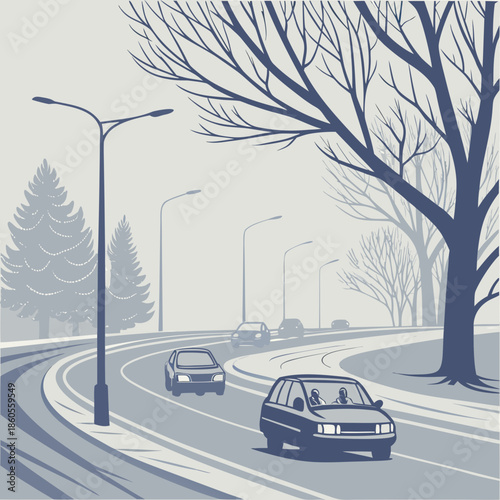 A grayscale illustration depicts a curving road lined with bare trees and streetlights in a misty atmosphere