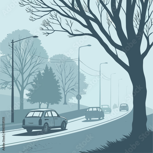 A serene illustration of a winding road flanked by bare trees and a softly blurred cityscape evoking calmness