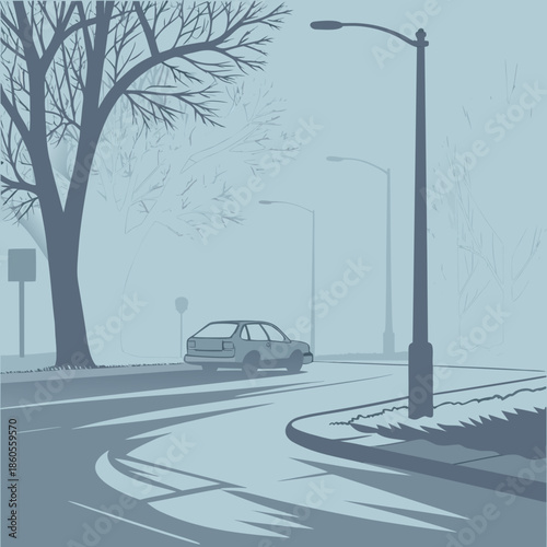 A muted stylized illustration depicts a quiet street scene with bare trees a car and streetlights in a hazy atmosphere