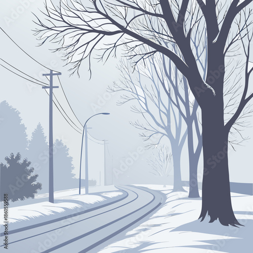 A serene winter landscape depicts a quiet street with snow covered ground and bare trees under a hazy sky