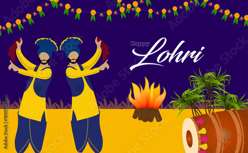 Happy lohri festival. Indian sikh family dancing arround bonfire background