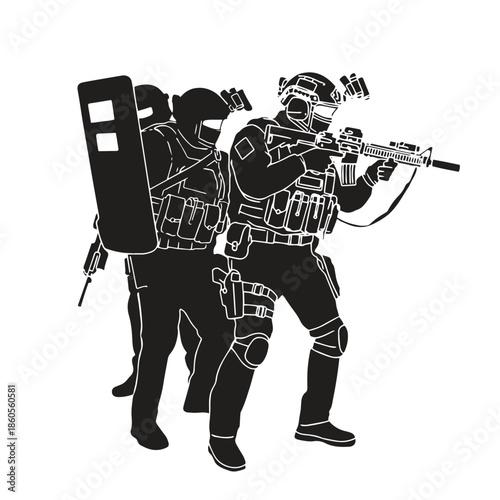 swat tactical team silhouettes featuring officers with assault rifles and ballistic shield in vector style