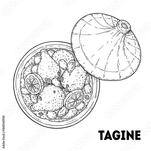 Tagine sketch. Maghreb food. Maghrebi cuisine. Vector drawing illustration. Top view.