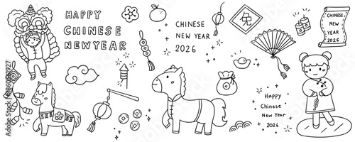 Hand drawn chinese new year element line doodle concept set includes boy, girl, cloud, horse, coin, flower, firecrackers, Chinese fan, lanterns, lion vector design.