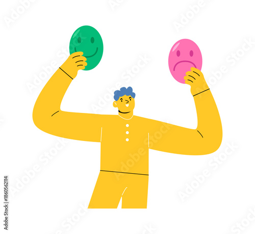 Man holding a masks. Emotion hidden behind mask, mental health. Colorful vector illustration