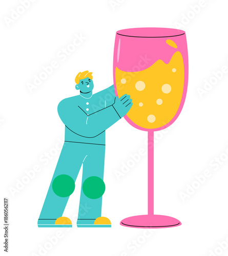 Man holding a giant champagne glass. Colorful vector illustration