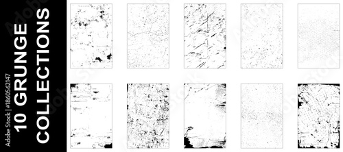 Collection of 10 grunge dust wall texture. Abstract monochrome background. Black and white texture pattern. Grunge grainy dirty texture. Set of 10abstract urban distress overlay backgrounds. Vector 
