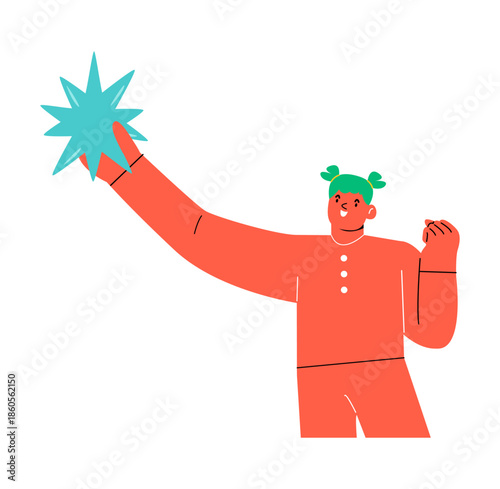 New idea concept. Woman holding star in hand. Colorful vector illustration