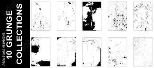 Collection of 10 grunge dust wall texture. Abstract monochrome background. Black and white texture pattern. Set of grunge textures. Vector rectangular backgrounds.