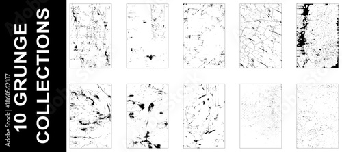 Collection of 10 grunge dust wall texture. Abstract monochrome background. Black and white texture pattern. Vector