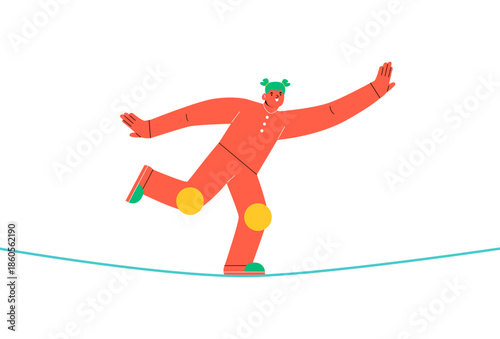 Woman walking on balancing slackline rope. Colorful vector illustration