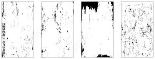 Collection of 4 grunge dust and scratch wall texture. Abstract monochrome background. Black and white texture pattern with ink spots, cracks, stains. for printing and design