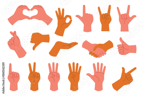 Set of hands with different gestures isolated on white background. Vector illustration in a flat style