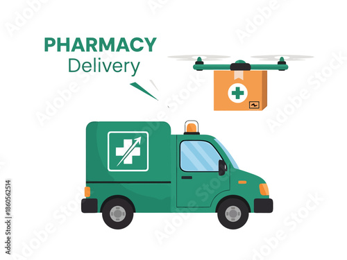 Aerial Drone and Van Transporting Pharmaceutical Supplies