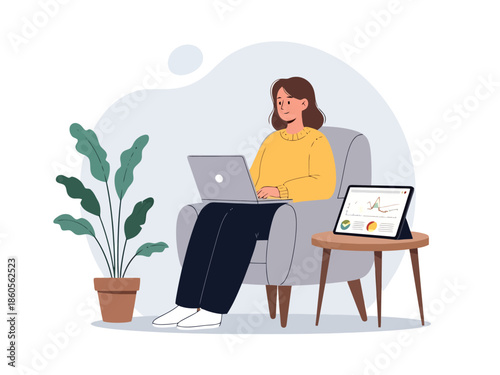 Person working on laptop comfortably at home tablet displaying data on side table indoor plant modern lifestyle concept