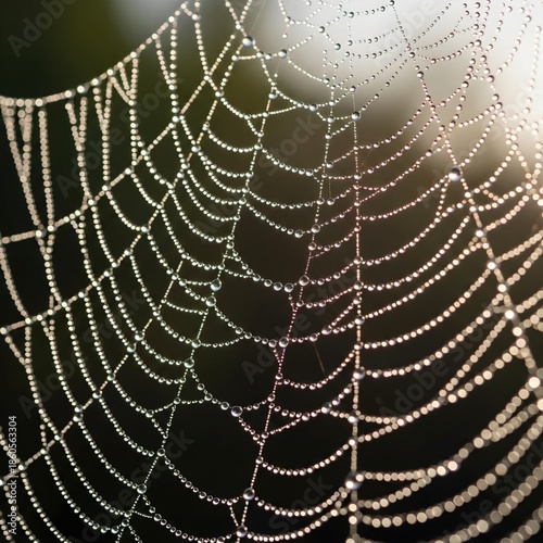 Dewy spider web glistens in morning sunlight.