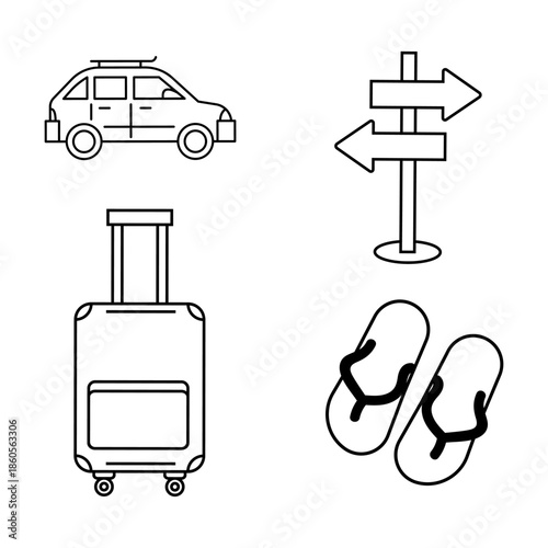 Line art icons depicting travel and vacation essentials including a car, road sign, suitcase, and flip-flops, isolated on white.