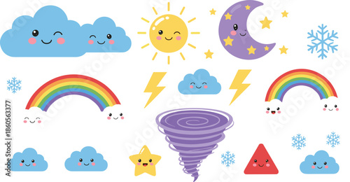 Cute weather collection featuring smiling sun clouds moon rainbows stars and lightning for kids education nursery decor and playful seasonal vector illustration design.