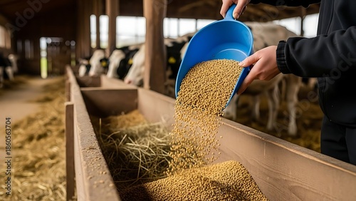 Farmer feeding livestock with grain in a barn.