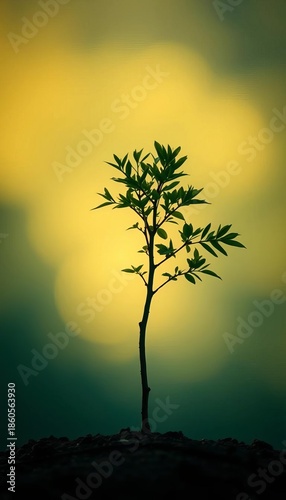 A solitary sapling's delicate form, bathed in diffused dawn glow, whispers resilience against a hazy emerald backdrop,  delicate,  ethereal