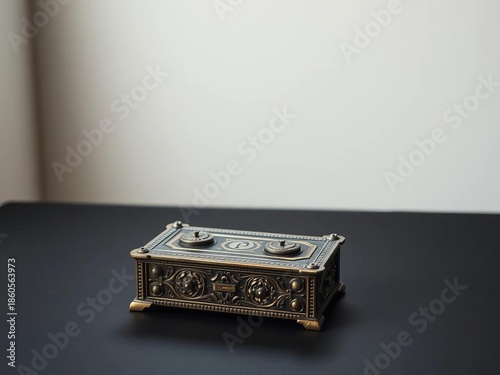 A solitary, ornate cryptex rests on a dark surface, an enigmatic object of intellectual pursuit,  riddle,  game